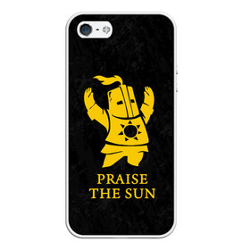 Чехол для iPhone 5/5S матовый с принтом PRAISE THE SUN в Курске, Силикон | Область печати: задняя сторона чехла, без боковых панелей | Тематика изображения на принте: dark souls | game | gamer | knight | play | player | praise the sun | дарк соулс | доспехи | игры | надпись | рыцарь | темные души