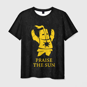 Мужская футболка 3D с принтом PRAISE THE SUN в Курске, 100% полиэфир | прямой крой, круглый вырез горловины, длина до линии бедер | dark souls | game | gamer | knight | play | player | praise the sun | дарк соулс | доспехи | игры | надпись | рыцарь | темные души