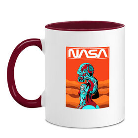 Кружка двухцветная с принтом NASA в Курске, керамика | объем — 330 мл, диаметр — 80 мм. Цветная ручка и кайма сверху, в некоторых цветах — вся внутренняя часть | nasa | киберпанк | космос | марс
