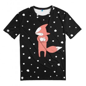 Мужская футболка 3D с принтом Лисичка и Снежки в Курске, 100% полиэфир | прямой крой, круглый вырез горловины, длина до линии бедер | fox | зима | лис | лиса | лисы | снег | снежок
