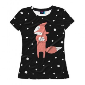 Женская футболка 3D с принтом Лисичка и Снежки в Курске, 100% полиэфир ( синтетическое хлопкоподобное полотно) | прямой крой, круглый вырез горловины, длина до линии бедер | fox | зима | лис | лиса | лисы | снег | снежок