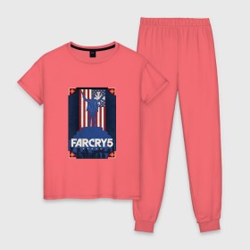 Женская пижама хлопок с принтом Far Cry 5 в Курске, 100% хлопок | брюки и футболка прямого кроя, без карманов, на брюках мягкая резинка на поясе и по низу штанин | 