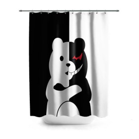 Штора 3D для ванной с принтом MONOKUMA в Курске, 100% полиэстер | плотность материала — 100 г/м2. Стандартный размер — 146 см х 180 см. По верхнему краю — пластиковые люверсы для креплений. В комплекте 10 пластиковых колец | anime | bear | black  white | minomi | monokuma | pink | rabbit | school | аниме | главарь | миноми | монокума | черно белый | школа