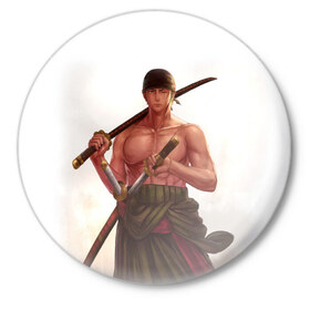 Значок с принтом One Piece - Zoro в Курске,  металл | круглая форма, металлическая застежка в виде булавки | большой | ван | воин | катана | куш | меч | пираты | пис | самурай