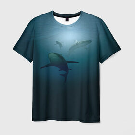 Мужская футболка 3D с принтом Акулы в Курске, 100% полиэфир | прямой крой, круглый вырез горловины, длина до линии бедер | море | океан | подводный мир | рыба | хищник
