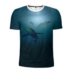 Мужская футболка 3D спортивная с принтом Акулы в Курске, 100% полиэстер с улучшенными характеристиками | приталенный силуэт, круглая горловина, широкие плечи, сужается к линии бедра | море | океан | подводный мир | рыба | хищник
