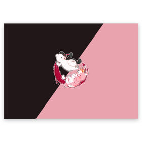 Поздравительная открытка с принтом MONOKUMA X MONOMI в Курске, 100% бумага | плотность бумаги 280 г/м2, матовая, на обратной стороне линовка и место для марки
 | anime | bear | black  white | danganronpa | kurokuma | monodam | monokuma | monomi | monotaro | pink | rabbit | school | shirokuma | аниме | главарь | мoноми | монокума | черно белый | школа