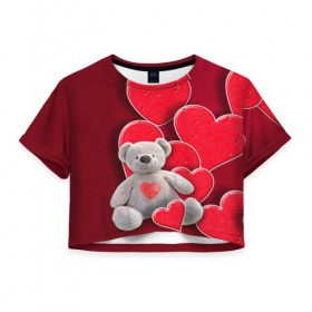 Женская футболка 3D укороченная с принтом Мишка с сердечками в Курске, 100% полиэстер | круглая горловина, длина футболки до линии талии, рукава с отворотами | девушкам | игрушка | любовь | медведь | мишка | плюшевый | сердечко | сердце