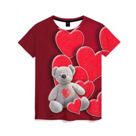 Женская футболка 3D с принтом Мишка с сердечками в Курске, 100% полиэфир ( синтетическое хлопкоподобное полотно) | прямой крой, круглый вырез горловины, длина до линии бедер | девушкам | игрушка | любовь | медведь | мишка | плюшевый | сердечко | сердце