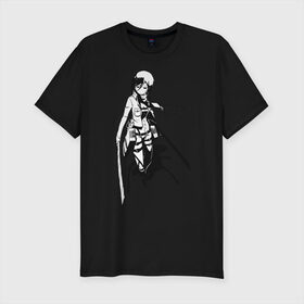 Мужская футболка премиум с принтом Mikasa Ackerman в Курске, 92% хлопок, 8% лайкра | приталенный силуэт, круглый вырез ворота, длина до линии бедра, короткий рукав | Тематика изображения на принте: mikasa | микаса