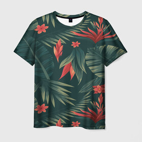 Мужская футболка 3D с принтом Тропики в Курске, 100% полиэфир | прямой крой, круглый вырез горловины, длина до линии бедер | вектор | джунгли | дизайн | зеленый | красиво | красный | лес | лето | папоротник | тропики | тропические листья