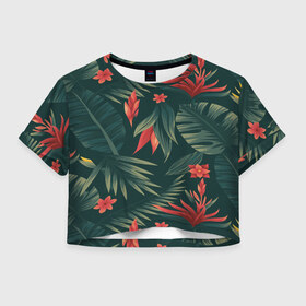 Женская футболка 3D укороченная с принтом Тропики в Курске, 100% полиэстер | круглая горловина, длина футболки до линии талии, рукава с отворотами | вектор | джунгли | дизайн | зеленый | красиво | красный | лес | лето | папоротник | тропики | тропические листья