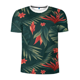 Мужская футболка 3D спортивная с принтом Тропики в Курске, 100% полиэстер с улучшенными характеристиками | приталенный силуэт, круглая горловина, широкие плечи, сужается к линии бедра | вектор | джунгли | дизайн | зеленый | красиво | красный | лес | лето | папоротник | тропики | тропические листья