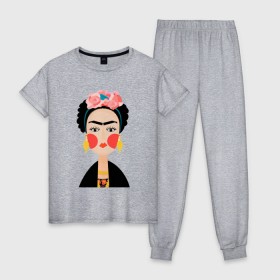 Женская пижама хлопок с принтом Фрида Кало в Курске, 100% хлопок | брюки и футболка прямого кроя, без карманов, на брюках мягкая резинка на поясе и по низу штанин | frida kahlo de rivera | фрида кало