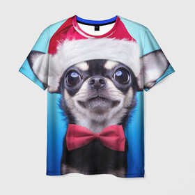 Мужская футболка 3D с принтом рождество в Курске, 100% полиэфир | прямой крой, круглый вырез горловины, длина до линии бедер | dog | happy new year | бантик | взгляд | глаза | новый год | пинчер | праздник | санта клаус | собака | той терьер