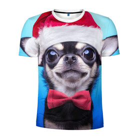 Мужская футболка 3D спортивная с принтом рождество в Курске, 100% полиэстер с улучшенными характеристиками | приталенный силуэт, круглая горловина, широкие плечи, сужается к линии бедра | dog | happy new year | бантик | взгляд | глаза | новый год | пинчер | праздник | санта клаус | собака | той терьер