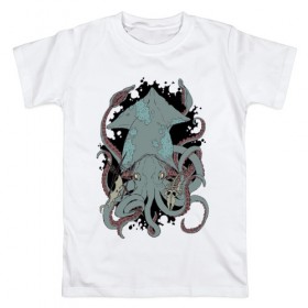 Мужская футболка хлопок с принтом Kraken в Курске, 100% хлопок | прямой крой, круглый вырез горловины, длина до линии бедер, слегка спущенное плечо. | kraken | octopus | кальмар | кракен | осьминог
