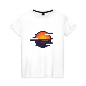 Женская футболка хлопок с принтом Морской закат в Курске, 100% хлопок | прямой крой, круглый вырез горловины, длина до линии бедер, слегка спущенное плечо | волны | восход | геометрия | закат | минимализм | море | отражение | солнце