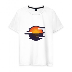 Мужская футболка хлопок с принтом Морской закат в Курске, 100% хлопок | прямой крой, круглый вырез горловины, длина до линии бедер, слегка спущенное плечо. | волны | восход | геометрия | закат | минимализм | море | отражение | солнце
