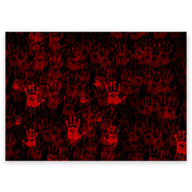 Поздравительная открытка с принтом КРОВАВЫЕ РУКИ в Курске, 100% бумага | плотность бумаги 280 г/м2, матовая, на обратной стороне линовка и место для марки
 | blood | blood mask | hand | mask | pattern | брызги | кровавая маска | кровавые руки | кровь | маска | паттерн | потеки | руки