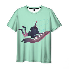 Мужская футболка 3D с принтом Зайка пианист в Курске, 100% полиэфир | прямой крой, круглый вырез горловины, длина до линии бедер | арт | животные | заяц | клавиши | кролик | музыка | ноты | пианино | синтезатор | ушки
