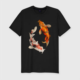 Мужская футболка премиум с принтом Инь-Ян в Курске, 92% хлопок, 8% лайкра | приталенный силуэт, круглый вырез ворота, длина до линии бедра, короткий рукав | арт | вода | знаки | золото | инь ян | магия | рыбы | символы | сом