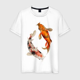Мужская футболка хлопок с принтом Инь-Ян в Курске, 100% хлопок | прямой крой, круглый вырез горловины, длина до линии бедер, слегка спущенное плечо. | арт | вода | знаки | золото | инь ян | магия | рыбы | символы | сом