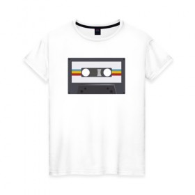 Женская футболка хлопок с принтом Компакт-кассета в Курске, 100% хлопок | прямой крой, круглый вырез горловины, длина до линии бедер, слегка спущенное плечо | 90 е | арт | аудиокассета | дизайн | компакт кассета | магнитола | музыка | ретро
