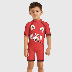 Детский купальный костюм 3D с принтом Красная панда в Курске, Полиэстер 85%, Спандекс 15% | застежка на молнии на спине | Тематика изображения на принте: енот | кисть | лиса | малая панда | художник