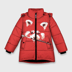 Зимняя куртка для девочек 3D с принтом Красная панда в Курске, ткань верха — 100% полиэстер; подклад — 100% полиэстер, утеплитель — 100% полиэстер. | длина ниже бедра, удлиненная спинка, воротник стойка и отстегивающийся капюшон. Есть боковые карманы с листочкой на кнопках, утяжки по низу изделия и внутренний карман на молнии. 

Предусмотрены светоотражающий принт на спинке, радужный светоотражающий элемент на пуллере молнии и на резинке для утяжки. | Тематика изображения на принте: енот | кисть | лиса | малая панда | художник