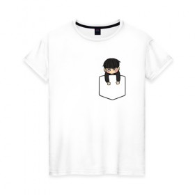 Женская футболка хлопок с принтом Моб в кармане в Курске, 100% хлопок | прямой крой, круглый вырез горловины, длина до линии бедер, слегка спущенное плечо | Тематика изображения на принте: anime | mob psycho 100 | shigeo kageyama | аниме | моб психо 100