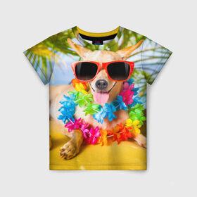 Детская футболка 3D с принтом пляж в Курске, 100% гипоаллергенный полиэфир | прямой крой, круглый вырез горловины, длина до линии бедер, чуть спущенное плечо, ткань немного тянется | Тематика изображения на принте: sea | гавайи | лето | море | океан | отдых | очки | пляж | собака | той терьер
