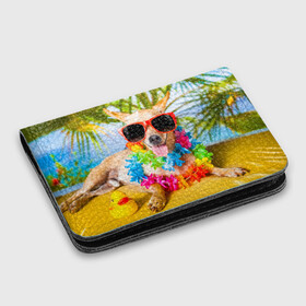 Картхолдер с принтом с принтом пляж в Курске, натуральная матовая кожа | размер 7,3 х 10 см; кардхолдер имеет 4 кармана для карт; | sea | гавайи | лето | море | океан | отдых | очки | пляж | собака | той терьер