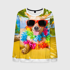 Мужской свитшот 3D с принтом пляж в Курске, 100% полиэстер с мягким внутренним слоем | круглый вырез горловины, мягкая резинка на манжетах и поясе, свободная посадка по фигуре | sea | гавайи | лето | море | океан | отдых | очки | пляж | собака | той терьер