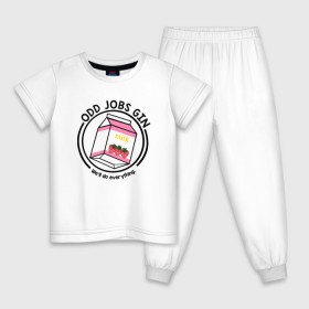Детская пижама хлопок с принтом Strawberry Milk Odd Jobs Gin в Курске, 100% хлопок |  брюки и футболка прямого кроя, без карманов, на брюках мягкая резинка на поясе и по низу штанин
 | anime | gin tama | gintama | аниме | гинтама