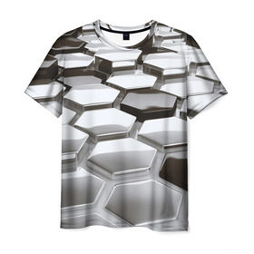 Мужская футболка 3D с принтом МЕТАЛЛИЧЕСКИЕ СОТЫ в Курске, 100% полиэфир | прямой крой, круглый вырез горловины, длина до линии бедер | abstract | abstraction | comb | texture | абстракция | бронь | соты | стальные соты | текстуры