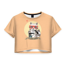 Женская футболка Cropp-top с принтом Енот и кофе в Курске, 100% полиэстер | круглая горловина, длина футболки до линии талии, рукава с отворотами | coffee | food | love | racoon | енот | кофе