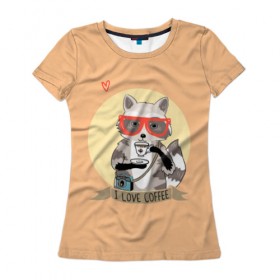 Женская футболка 3D с принтом Енот и кофе в Курске, 100% полиэфир ( синтетическое хлопкоподобное полотно) | прямой крой, круглый вырез горловины, длина до линии бедер | coffee | food | love | racoon | енот | кофе