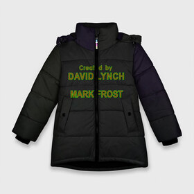 Зимняя куртка для девочек 3D с принтом Created by Lynch & Frost в Курске, ткань верха — 100% полиэстер; подклад — 100% полиэстер, утеплитель — 100% полиэстер. | длина ниже бедра, удлиненная спинка, воротник стойка и отстегивающийся капюшон. Есть боковые карманы с листочкой на кнопках, утяжки по низу изделия и внутренний карман на молнии. 

Предусмотрены светоотражающий принт на спинке, радужный светоотражающий элемент на пуллере молнии и на резинке для утяжки. | david lynch | mark frost | twin peaks | твин пикс