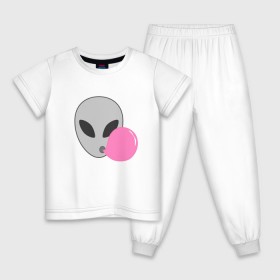 Детская пижама хлопок с принтом Инопланетная жвачка в Курске, 100% хлопок |  брюки и футболка прямого кроя, без карманов, на брюках мягкая резинка на поясе и по низу штанин
 | жвачка | инопланетянин | лицо | минимализм | нло | пузырь