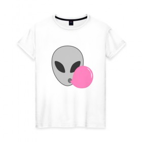 Женская футболка хлопок с принтом Инопланетная жвачка в Курске, 100% хлопок | прямой крой, круглый вырез горловины, длина до линии бедер, слегка спущенное плечо | жвачка | инопланетянин | лицо | минимализм | нло | пузырь