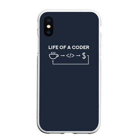 Чехол для iPhone XS Max матовый с принтом Life of a coder в Курске, Силикон | Область печати: задняя сторона чехла, без боковых панелей | coder | деньги | доллары | жизнь | код | кофе | программист | тыжпрограммист | цикл | язык