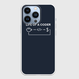 Чехол для iPhone 13 Pro с принтом Life of a coder в Курске,  |  | coder | деньги | доллары | жизнь | код | кофе | программист | тыжпрограммист | цикл | язык