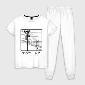 Женская пижама хлопок с принтом Электросети в Курске, 100% хлопок | брюки и футболка прямого кроя, без карманов, на брюках мягкая резинка на поясе и по низу штанин | city | japan | streetart | tmblr | tumbler | провода | электричество
