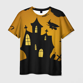 Мужская футболка 3D с принтом Страшный домик в Курске, 100% полиэфир | прямой крой, круглый вырез горловины, длина до линии бедер | halloween | ведьма | замок | кладбище | кресты | луна | могилы | мышь | надгробья | ночь | призрак | страшно | хэллоуин