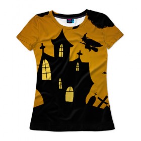 Женская футболка 3D с принтом Страшный домик в Курске, 100% полиэфир ( синтетическое хлопкоподобное полотно) | прямой крой, круглый вырез горловины, длина до линии бедер | halloween | ведьма | замок | кладбище | кресты | луна | могилы | мышь | надгробья | ночь | призрак | страшно | хэллоуин