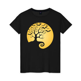 Женская футболка хлопок с принтом Дерево на фоне луны в Курске, 100% хлопок | прямой крой, круглый вырез горловины, длина до линии бедер, слегка спущенное плечо | halloween | дерево | луна | мыши | ночь | страшно | хэллоуин