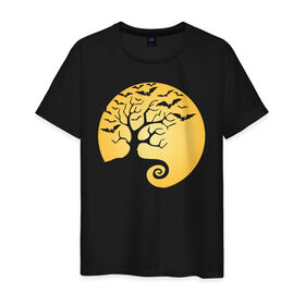 Мужская футболка хлопок с принтом Дерево на фоне луны в Курске, 100% хлопок | прямой крой, круглый вырез горловины, длина до линии бедер, слегка спущенное плечо. | Тематика изображения на принте: halloween | дерево | луна | мыши | ночь | страшно | хэллоуин