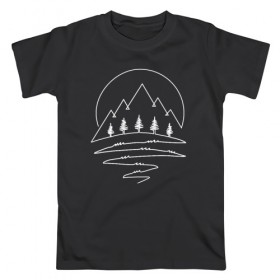 Мужская футболка хлопок с принтом Горный лес в Курске, 100% хлопок | прямой крой, круглый вырез горловины, длина до линии бедер, слегка спущенное плечо. | one line | горы | лес | линия | минимализм | ночь. луна | скалы. вершины. деревья. ели