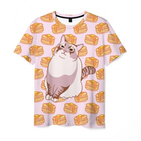 Мужская футболка 3D с принтом Блины в Курске, 100% полиэфир | прямой крой, круглый вырез горловины, длина до линии бедер | cat | fat | internet | meme | pancakes | блины | интернет | кот | лупс | мем